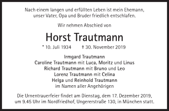 Traueranzeige von Horst Trautmann von Süddeutsche Zeitung
