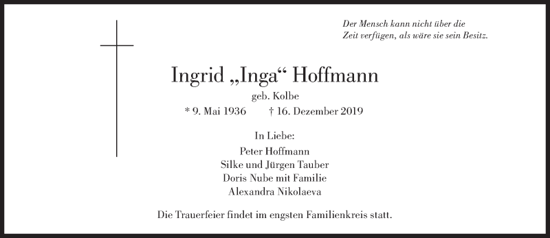  Traueranzeige für Ingrid Hoffmann vom 28.12.2019 aus Süddeutsche Zeitung