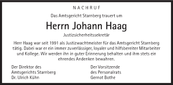 Traueranzeige von Johann Haag von Süddeutsche Zeitung