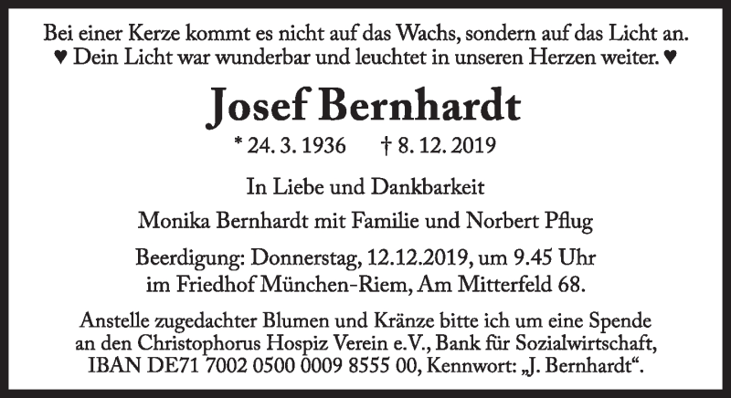  Traueranzeige für Josef Bernhardt vom 11.12.2019 aus Süddeutsche Zeitung