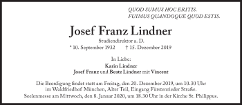 Traueranzeige von Josef Franz Lindner von Süddeutsche Zeitung