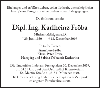 Traueranzeige von Karlheinz Fröba von Süddeutsche Zeitung