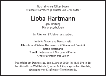 Traueranzeige von Lioba Hartmann von Süddeutsche Zeitung
