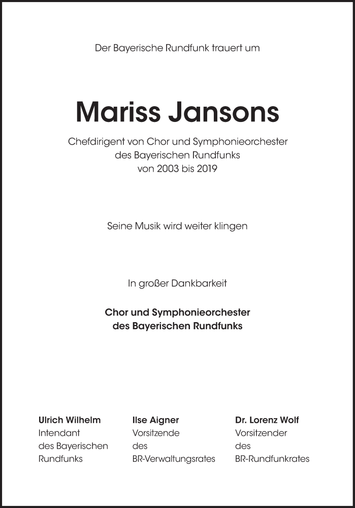  Traueranzeige für Mariss Jansons vom 07.12.2019 aus Süddeutsche Zeitung