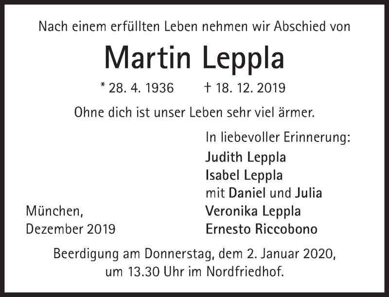  Traueranzeige für Martin Leppla vom 28.12.2019 aus Süddeutsche Zeitung