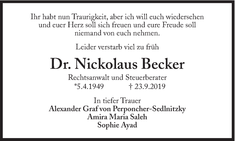  Traueranzeige für Nickolaus Becker vom 06.12.2019 aus Süddeutsche Zeitung