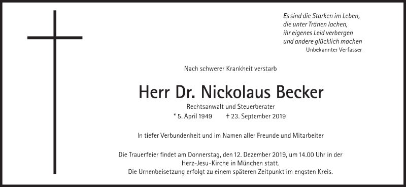  Traueranzeige für Nickolaus Becker vom 07.12.2019 aus Süddeutsche Zeitung