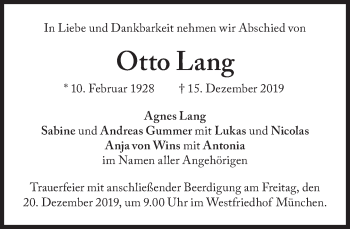 Traueranzeige von Otto Lang von Süddeutsche Zeitung