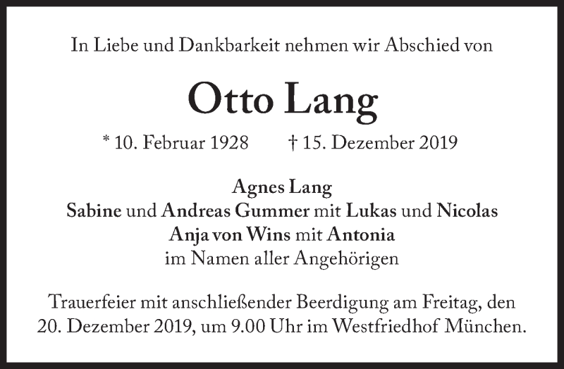  Traueranzeige für Otto Lang vom 19.12.2019 aus Süddeutsche Zeitung