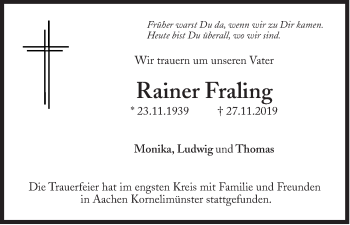 Traueranzeige von Rainer Fraling von Süddeutsche Zeitung