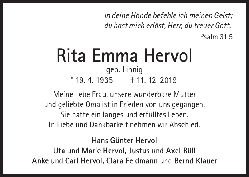  Traueranzeige für Rita Emma Hervol vom 14.12.2019 aus Süddeutsche Zeitung