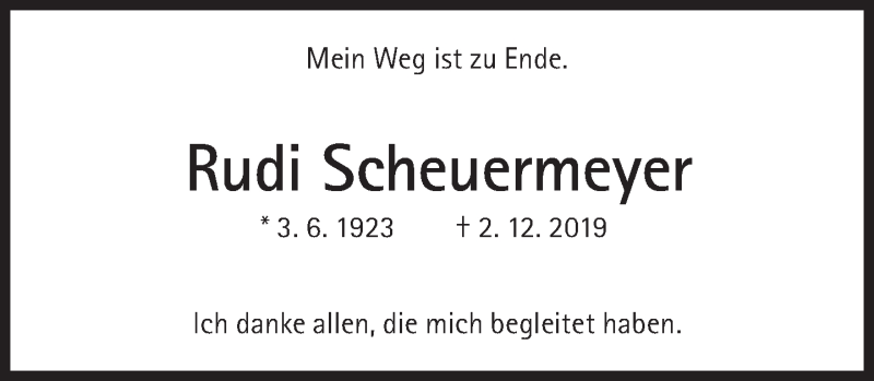  Traueranzeige für Rudi Scheuermeyer vom 14.12.2019 aus Süddeutsche Zeitung