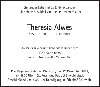 Traueranzeige von Theresia Alwes von Süddeutsche Zeitung