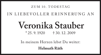 Traueranzeige von Veronika Stauber von Süddeutsche Zeitung