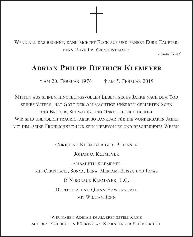  Traueranzeige für Adrian Philipp Dietrich Klemeyer  vom 12.02.2019 aus Süddeutsche Zeitung