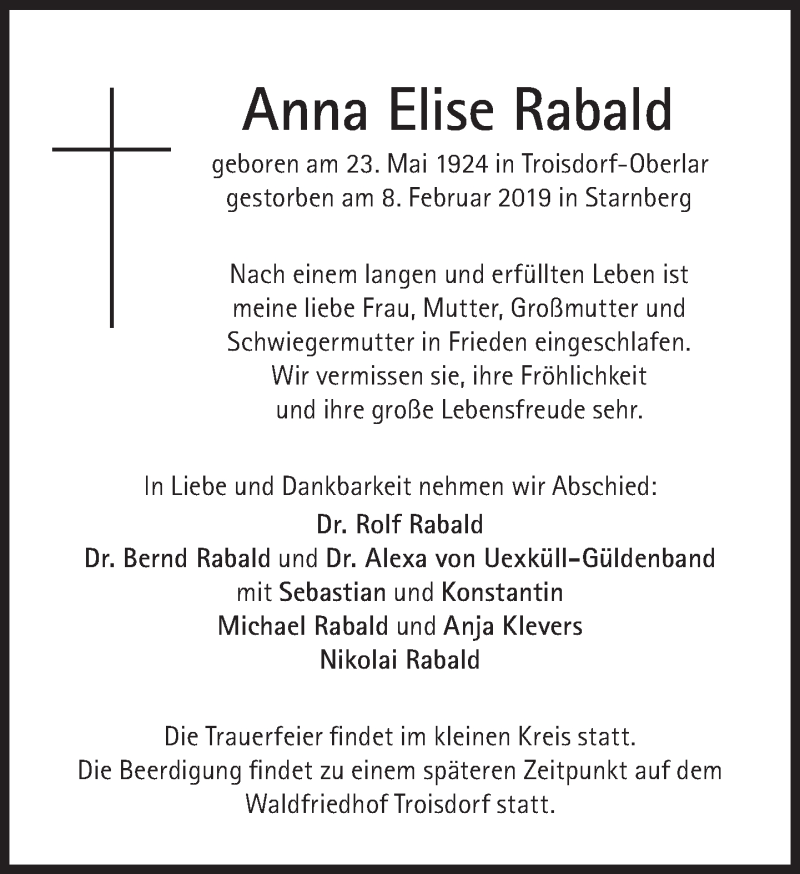  Traueranzeige für Anna Elise Rabald vom 16.02.2019 aus Süddeutsche Zeitung