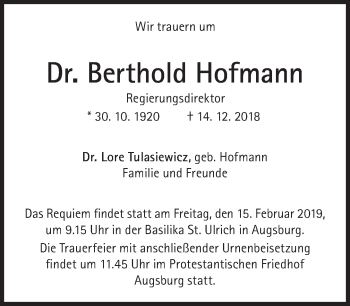 Traueranzeige von Berthold Hofmann von Süddeutsche Zeitung