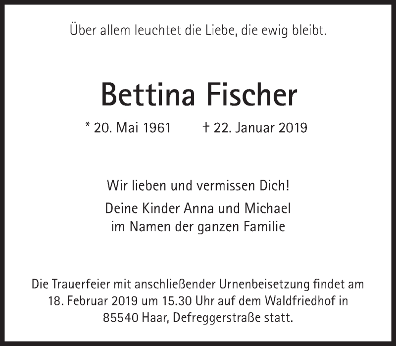  Traueranzeige für Bettina Fischer vom 16.02.2019 aus Süddeutsche Zeitung