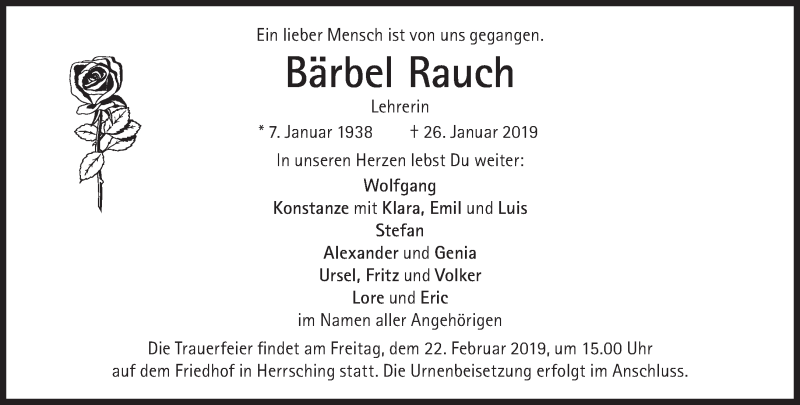  Traueranzeige für Bärbel Rauch vom 02.02.2019 aus Süddeutsche Zeitung