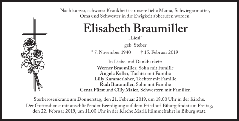  Traueranzeige für Elisabeth Braumiller vom 19.02.2019 aus Süddeutsche Zeitung