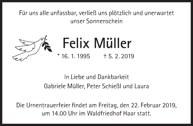  Traueranzeige für Felix Müller vom 09.02.2019 aus Süddeutsche Zeitung