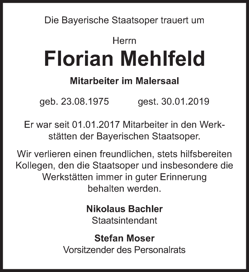  Traueranzeige für Florian Mehlfeld vom 02.02.2019 aus Süddeutsche Zeitung