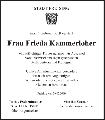 Traueranzeige von Frieda Kammerloher von Süddeutsche Zeitung