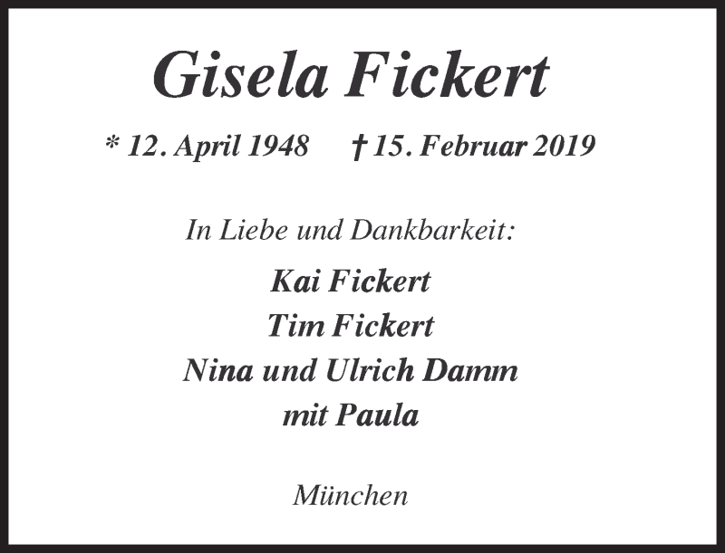  Traueranzeige für Gisela Fickert vom 23.02.2019 aus Süddeutsche Zeitung