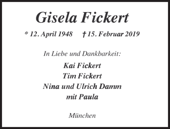 Traueranzeige von Gisela Fickert von Süddeutsche Zeitung