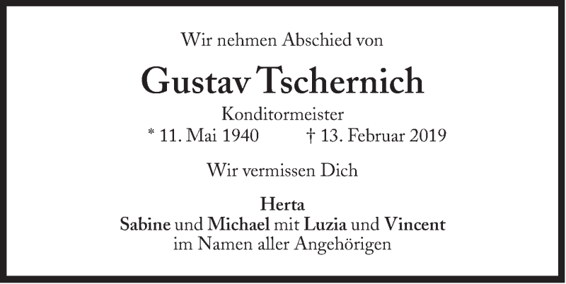  Traueranzeige für Gustav Tschernich vom 19.02.2019 aus Süddeutsche Zeitung