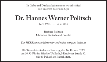 Traueranzeige von Hannes Werner Politsch von Süddeutsche Zeitung