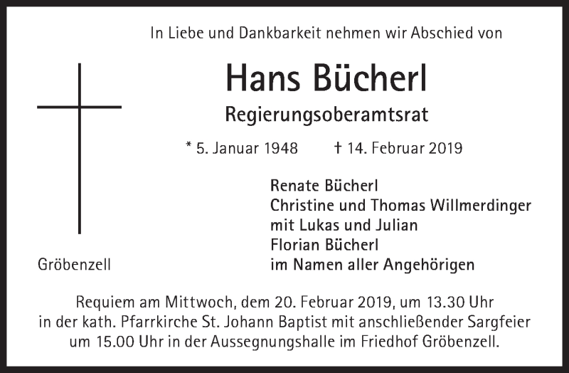  Traueranzeige für Hans Bücherl vom 16.02.2019 aus Süddeutsche Zeitung