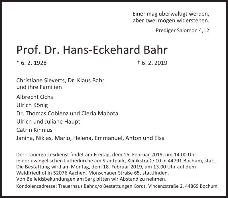  Traueranzeige für Hans-Eckehard Bahr vom 11.02.2019 aus Süddeutsche Zeitung