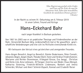 Traueranzeige von Hans-Eckehard Bahr von Süddeutsche Zeitung