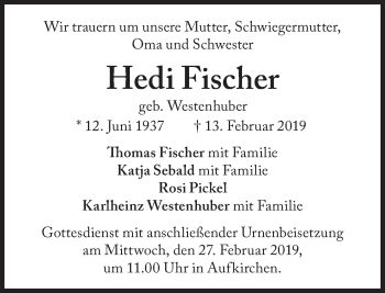 Traueranzeige von Hedi Fischer von Süddeutsche Zeitung