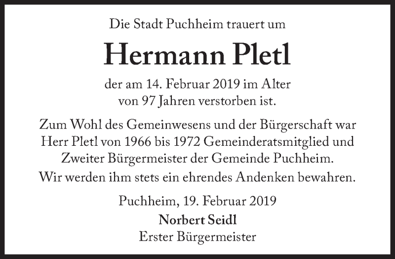  Traueranzeige für Hermann Pletl vom 20.02.2019 aus Süddeutsche Zeitung
