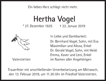Traueranzeige von Hertha Vogel von Süddeutsche Zeitung