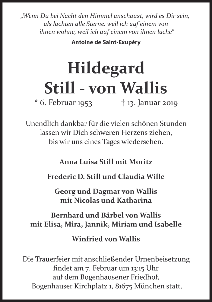  Traueranzeige für Hildegard Still-von Wallis vom 02.02.2019 aus Süddeutsche Zeitung