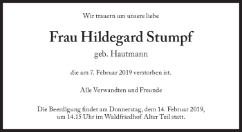 Traueranzeige von Hildegard Stumpf von Süddeutsche Zeitung