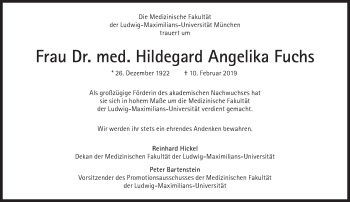 Traueranzeige von Hildegard Angelika Fuchs von Süddeutsche Zeitung