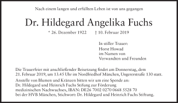 Traueranzeige von Hildegard Angelika Fuchs von Süddeutsche Zeitung