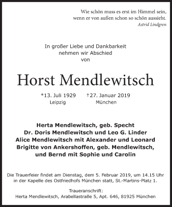 Traueranzeige von Horst Mendlewitsch von Süddeutsche Zeitung