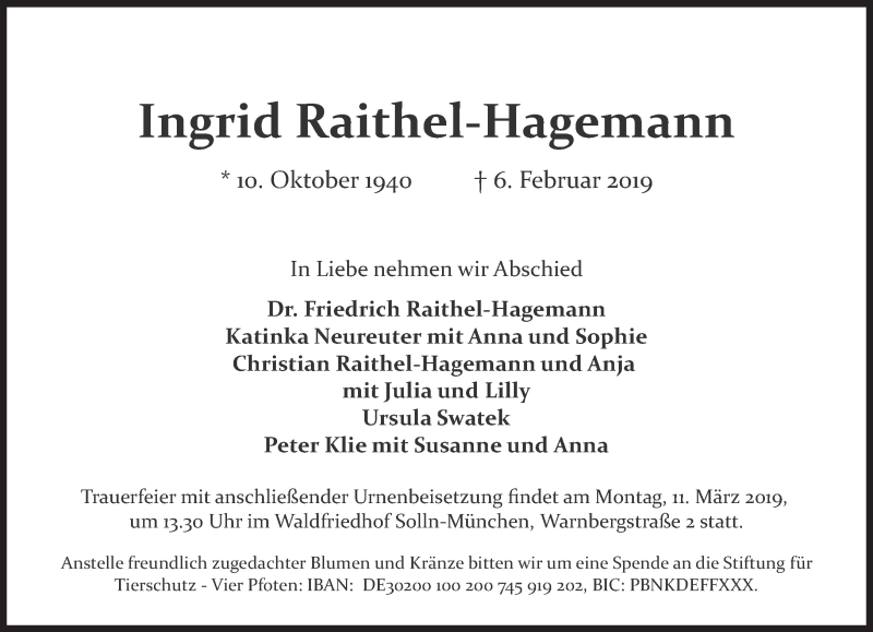 Traueranzeige für Ingrid Raithel-Hagemann vom 23.02.2019 aus Süddeutsche Zeitung