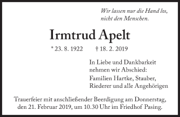 Traueranzeige von Irmtrud Apelt von Süddeutsche Zeitung