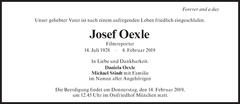  Traueranzeige für Josef Oexle vom 09.02.2019 aus Süddeutsche Zeitung