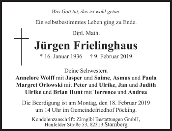 Traueranzeige von Jürgen Frielinghaus von Süddeutsche Zeitung