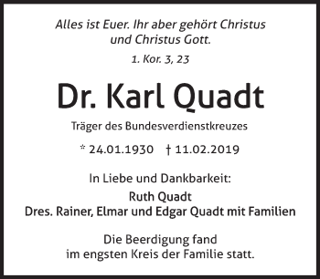 Traueranzeige von Karl Quadt von Süddeutsche Zeitung