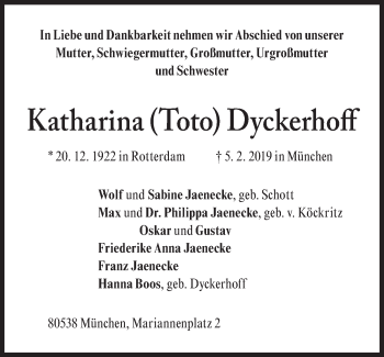 Traueranzeige von Katharina  Dyckerhoff von Süddeutsche Zeitung