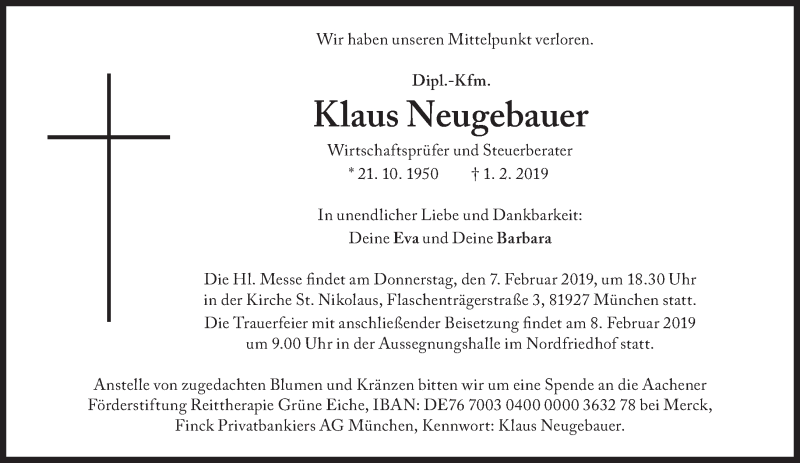  Traueranzeige für Klaus Neugebauer vom 06.02.2019 aus Süddeutsche Zeitung