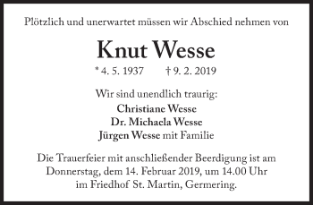 Traueranzeige von Knut Wesse von Süddeutsche Zeitung